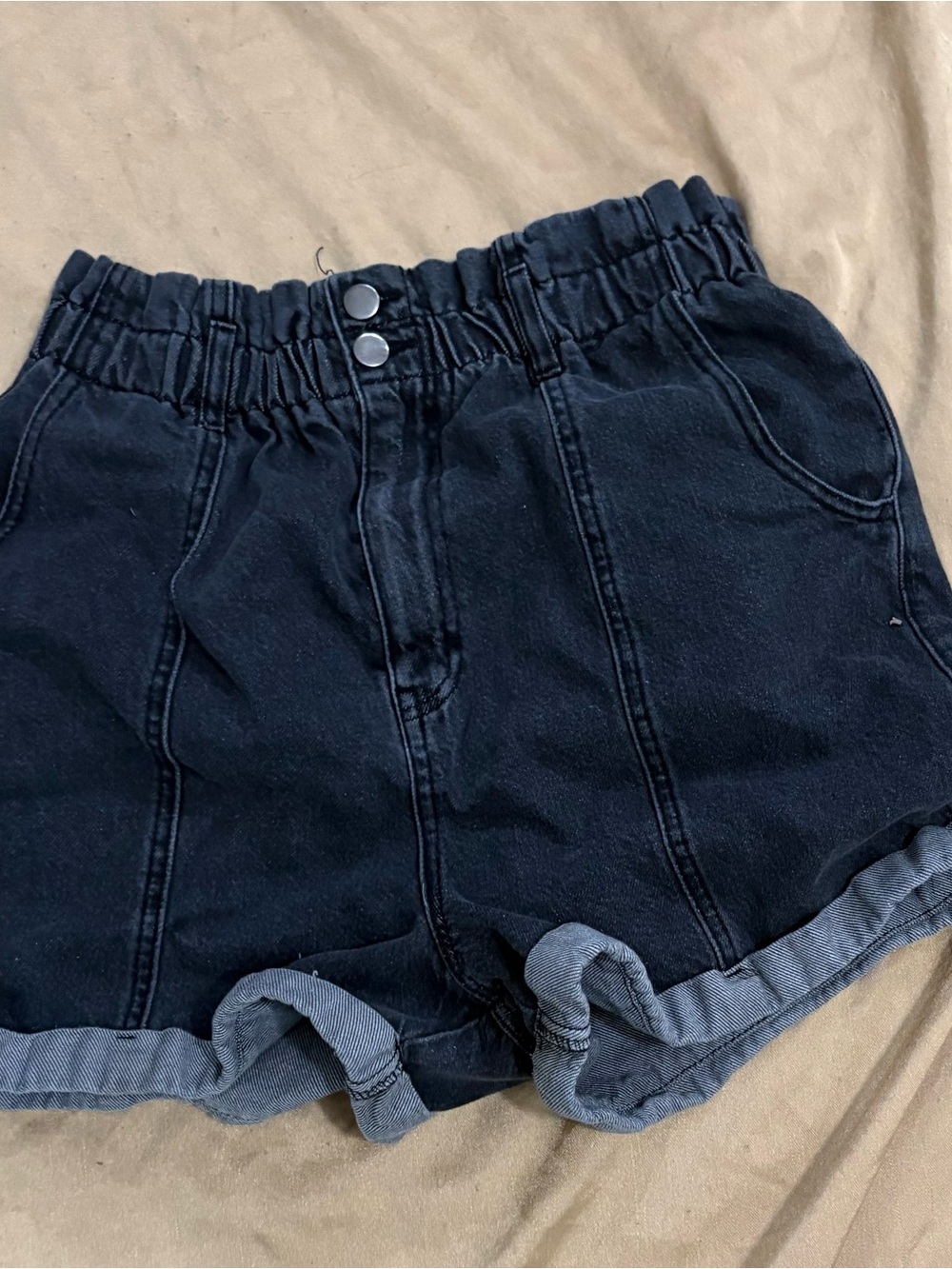 GB High-Waist Rolled Hem Denim Shorts - Charcoal Black